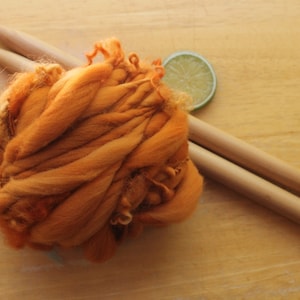 Curly Yarn for Knitting, handspun thick and thin yarn, bulky art yarn, hand dyed merino yarn, orange yarn, chunky crochet yarn, artist yarn