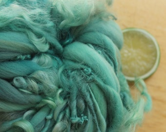 Teal Yarn, Curly Wool Yarn, Handspun Art Yarn, Thick and Thin Yarn, Bulky Yarn, Weaving Yarn, Green Yarn, Hand Dyed Merino Yarn, Chunky Yarn