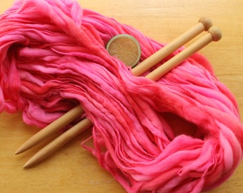 Bulky Handspun Yarn, Pink Yarn, Thick and Thin Yarn, Hand Dyed Merino Wool Yarn, Chunky Crochet Yarn, Knitter Gift, Weaving Yarn, Neon Yarn