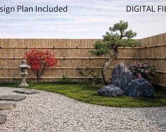 May include: A serene Japanese garden scene with a bamboo fence, gravel path, and stepping stones. Features a bonsai tree, red-leafed shrub, stone lantern, and large dark rocks. Text reads "Design Plan Included" and "DIGITAL FILE".