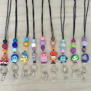 Inside Out 2 Character Lanyard: Breakaway Clasp, Beaded Design, Retractable ID holder