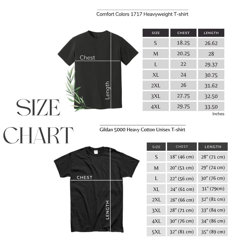 May include: Size chart for Comfort Colors 1717 Heavyweight T-shirt and Gildan 5000 Heavy Cotton Unisex T-shirt. Includes chest and length measurements in inches and centimeters for various sizes, from S to 5XL.