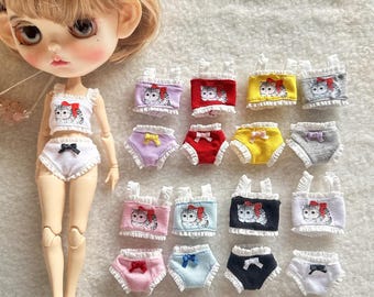 Handmade 1/6 Cat-print Blythe clothes lingerie set, including a camisole top, and panties