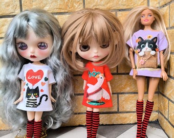 Handmade Doll T-shirt and Sock Set, Blythe Pullip bjd 30cm Doll Clothes