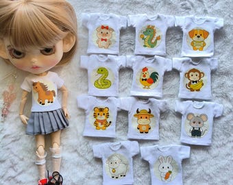 Handmade Cotton Doll T-Shirts, Chinese Zodiac Animals, 1/6 Scale Blythe BJD Pullip OB24