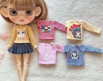 Handmade cute-printing  Stripe Long Sleeve T-shirt for 1/6 Blythe, Pullip, ob24 Dolls