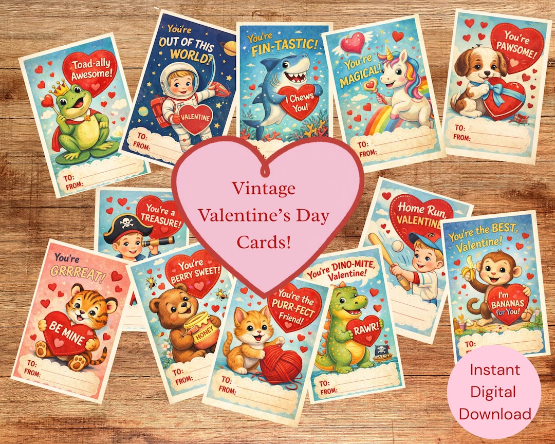 Vintage Valentine’s Day Cards for Kids Printable | Old-fashioned Retro ...