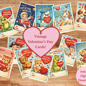 May include: A selection of vintage Valentine's Day cards featuring cartoon characters like a frog, astronaut, shark, unicorn, dog, tiger, bear, cat, dinosaur, baseball player, and monkey. Each card has a unique message and space to write "To" and "From".