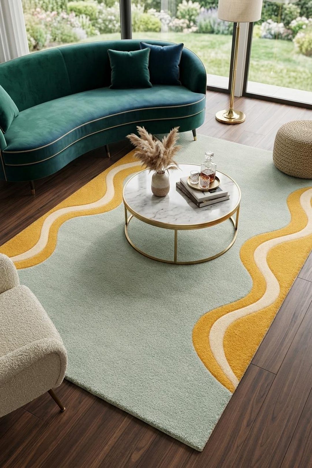 Sage Green Yellow Wave Border Hand-tufted Wool Rug - Etsy