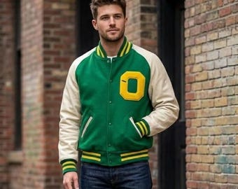 Green Letterman Bomber Varsity College Baseball Jacket - Retro Bomber Cream Faux Leather Sleeves