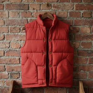 Puede incluir: Un chaleco acolchado rojo con cuello alto y dos bolsillos delanteros cuelga de una percha de madera contra una pared de ladrillo. El chaleco tiene un diseño acolchado y se abrocha con varios botones.