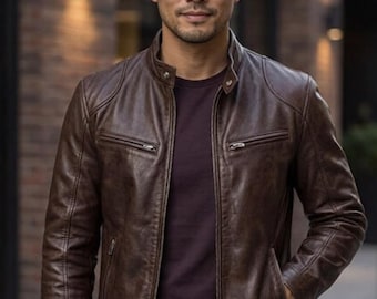 Distressed Brown Leather Biker Jacket – Cafe Racer Moto Coat, Genuine Leather Streetwear