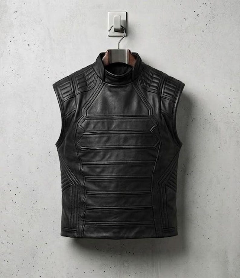 Op de afbeelding: Een zwart leren vest met een hoge kraag en een mouwloos ontwerp. Het vest heeft horizontale en geometrische stikseldetails, hangend aan een metalen hanger tegen een grijze muur.