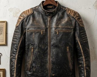 Vintage Distressed Leather Motorcycle Jacket -  Retro Biker Style padded Shoulder Café Racer Jacket