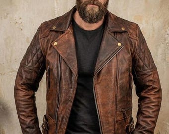Handmade Vintage Cafe Racer Distressed Brown Leather Motorcycle Jacket - Genuine Cowhide Biker Jacket