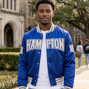University Blue Satin Bomber Cropped Varsity Jacket | Collegiate Retro Letterman Outerwear