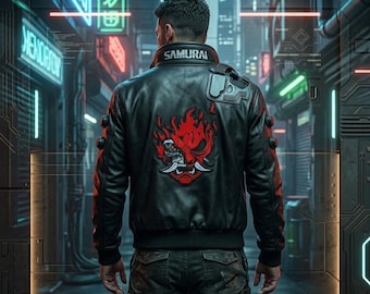 Cyberpunk Samurai Bomber Jacket, Futuristic Synthetic Leather Techwear