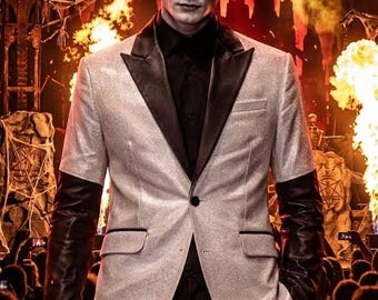 Gothic Silver Sparkle Men’s Blazer, Two-Tone Metallic Concert Jacket with Faux Leather Sleeves Coat