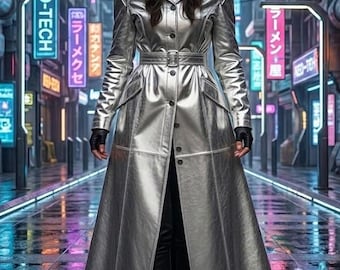 Royal Silver Metallic Hooded Leather Long Coat | Women’s Luxury Evening Trench Coat