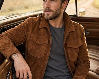 Brown Suede Leather Jacket - Western Style Suede Trucker Coat - Vintage Inspired Cowboy Shirt