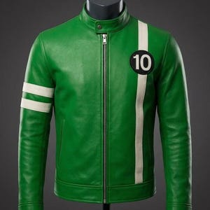 May include: Green leather jacket with a white stripe down the right side and two white stripes on the left sleeve. A black and white patch with the number 10 is on the left chest. The jacket has a zipper closure and a stand-up collar.