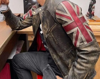 Distressed Leather Biker Jacket – Union Jack British Flag Café Racer Style