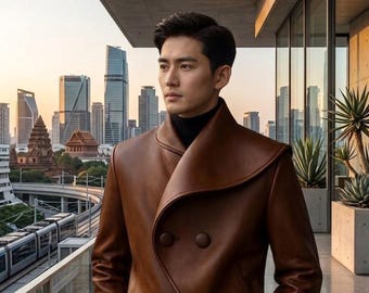 Men Double Breasted Designer Avant-Garde Leather Jacket - Architectural Shawl Collar Wrap Coat