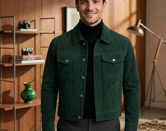 Green Suede Trucker Jacket for Men - Slim Fit Vintage Style Western Vintages Jackets