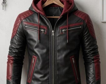 Handgemaakt zwart en rood leren jack met capuchon - bikerstijl slim fit streetwear superheldencosplay