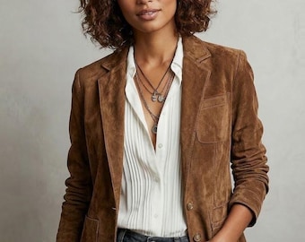 Women's Brown Suede Blazer – Tailored Leather Jacket, Quiet Cognac Style