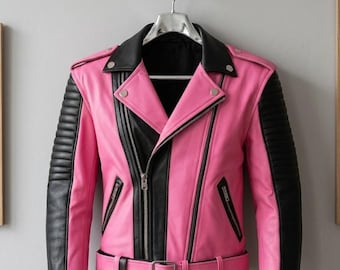 Roze en zwart leren bikerjack | Motorjas van echt of kunstleer | Gewatteerde jassen