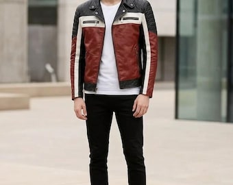 Tri-Color Leather Biker Jacket – Red, Black, White Moto Racing Coat – Slim Fit Streetwear