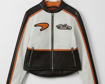 Men's F-1 Style Racing Leather Jacket, White Black Orange Biker Gear