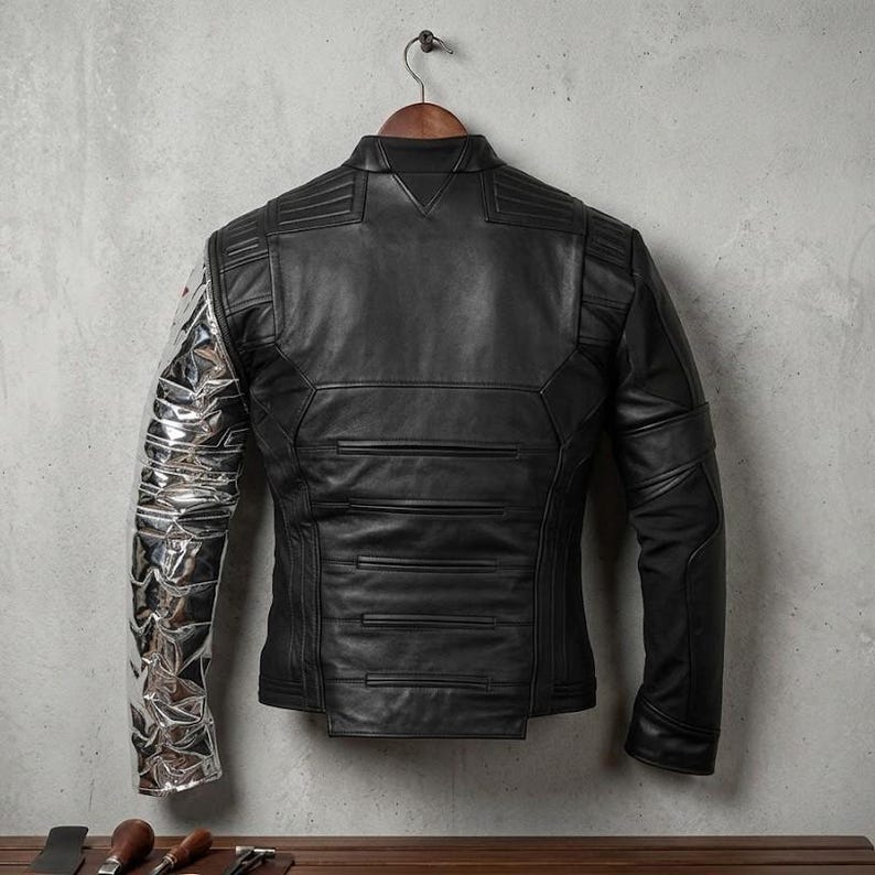 Op de afbeelding: Zwarte leren jas met een zilveren metalen mouw, hangend aan een houten hanger. De jas heeft een gewatteerd ontwerp op de schouders en rug, met horizontale lijnen over de onderrug.