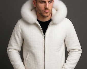 Men’s Crocodile Embossed Leather Bomber – Faux Fur Hooded Winter Jacket