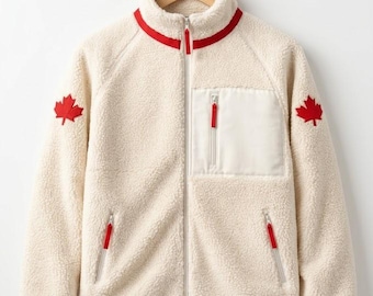 Canada Sherpa Fleece Jacket, Cozy Maple Leaf Embroidery Teddy Coat, Unisex Winter Fleece Jackets