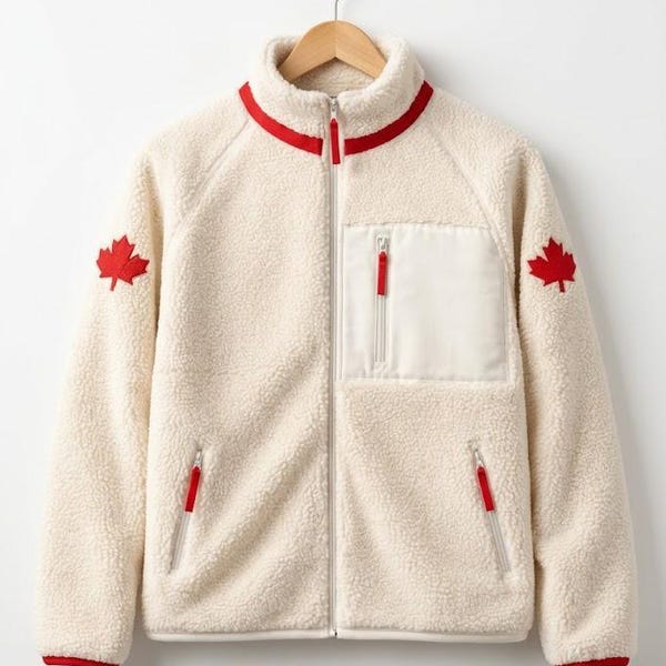 Jaqueta de lã Sherpa canadense, casaco teddy aconchegante com bordado de folha de bordo, jaquetas de lã de inverno unissex.