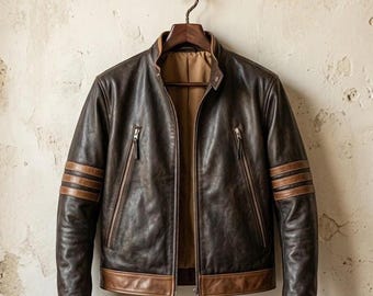 Vintage X-Men Brown Leather Racing Jacket -  Distressed Moto Outerwear Casual Biker Coat