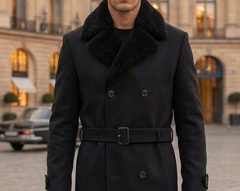 Men's Wool Blend Trench Coat - Royal European Long Overcoat with Faux Fur Collar