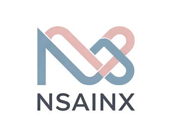 Puede incluir: Un logotipo con un diseño geométrico entrelazado en azul apagado y rosa suave, situado sobre el texto NSAINX en una fuente sans-serif negrita de color gris oscuro. El elemento gráfico consta de líneas conectadas.