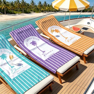 May include: Three rectangular beach towels in teal, purple, and orange with white vertical stripes. Each towel features a circular graphic with a palm tree, a champagne glass, and the text THE BRIDE CLUB EST 2026, along with a name and Bachelorette.