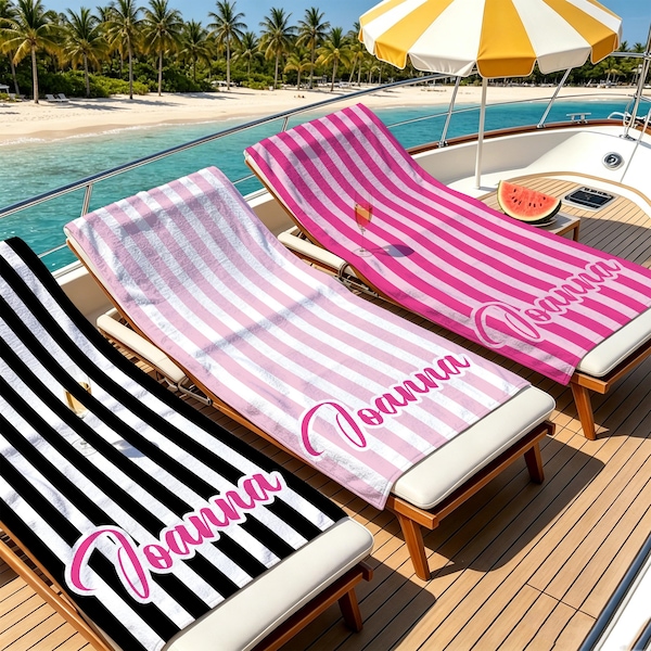 Toalha de praia personalizada com listras da Barbie, toalhas de piscina com nome personalizado, presentes para viagem de amigas, lembrancinhas para festa de férias, toalhas de piscina infantis, presentes de aniversário.
