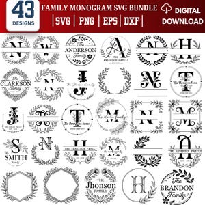May include: A collection of 43 family monogram designs in SVG, PNG, EPS, and DXF formats. The designs feature various initials, family names, and decorative elements like wreaths and floral accents. The designs are suitable for digital download.