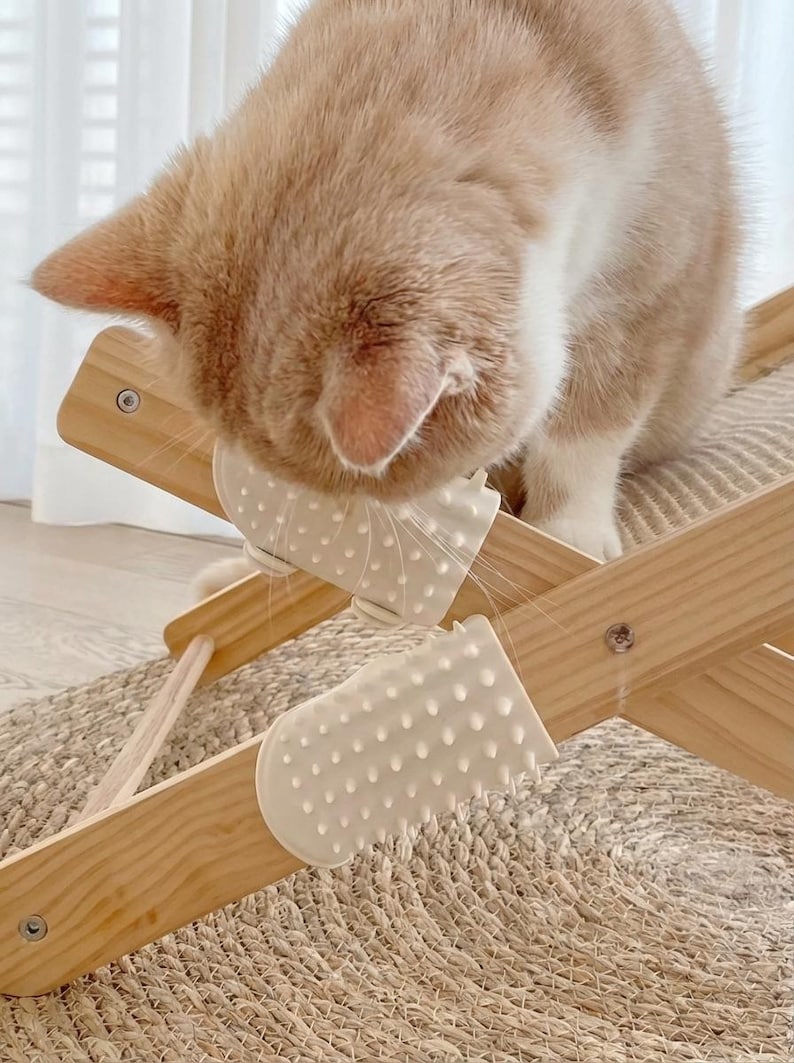 May include: A light brown cat interacting with a wooden cat scratcher. The scratcher has a light beige woven surface and two white, textured grooming brushes attached. The cat is light brown with white markings.