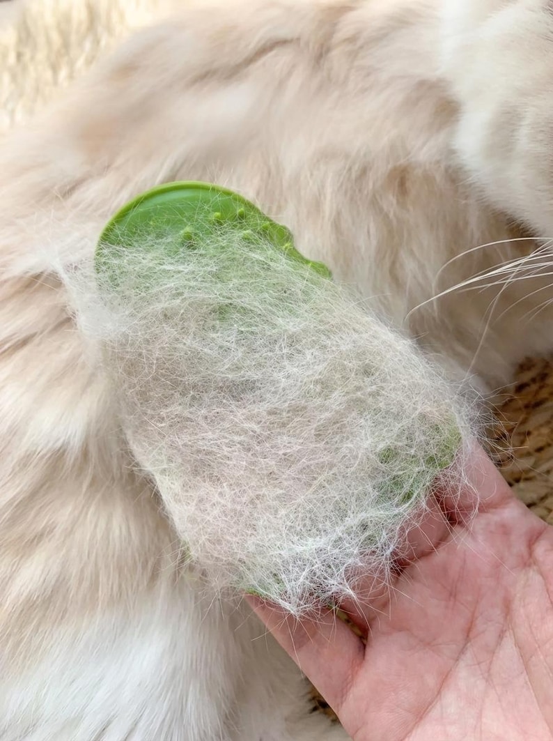 May include: A green pet grooming brush covered in collected cat hair. The brush is held over a light-colored cat, showing the fur removal process. The brush has a textured surface for effective grooming.