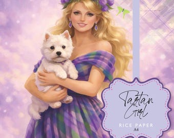 Rice Paper Tartan Girl Blonde Purple Green Thistle Westie Decoupage A4
