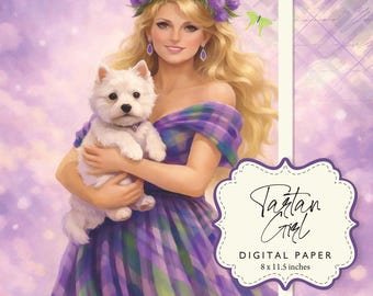 Tartan meisje blond paars groen distel Westie decoupage digitaal papier 8 x 11,5 afdrukbare DIY