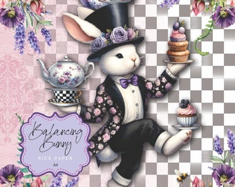 Rice Paper Balancing Bunny Easter Rabbit Pink Lavender Renaissance Checks Pocket Watch Florals Tea Set Cupcakes A4