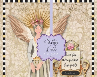 Rice Paper Santos Doll Saint Milagros Flaming Heart Saint Angel Crown Jewels Precious A4