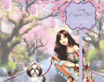 Rice Paper Japanese Cherry Blossoms Dog Walk Shih Tzu Girl Floral Dress Lanterns Beautiful Decoupage Florals A4